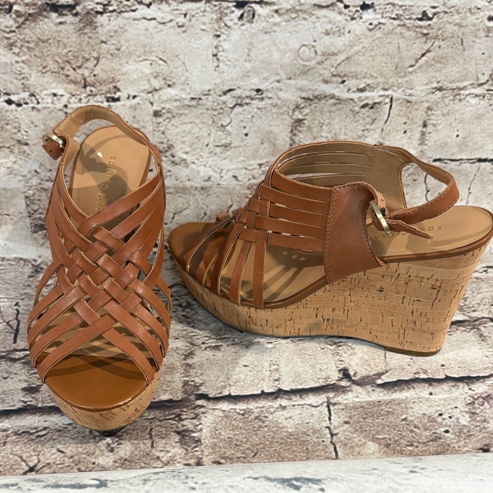 Franco Sarto Brown Strappy Cork Wedge Sandals
